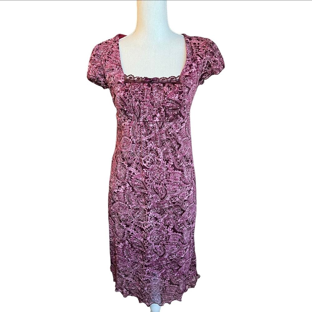 Vintage Y2K Purple Paisley Lace Trim Cap Sleeve Midi Dress Milkmaid Grunge Boho